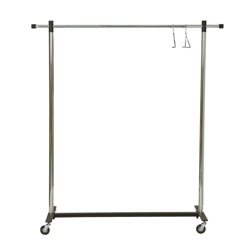 Silberner Garderobenständer auf Rollen (Pom Cart) von Mox, ideal für Kleidung und Textilien.